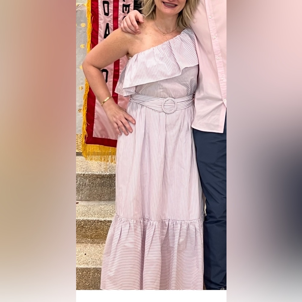 Mango One-Shoulder Striped Maxi Dress in light purple and White